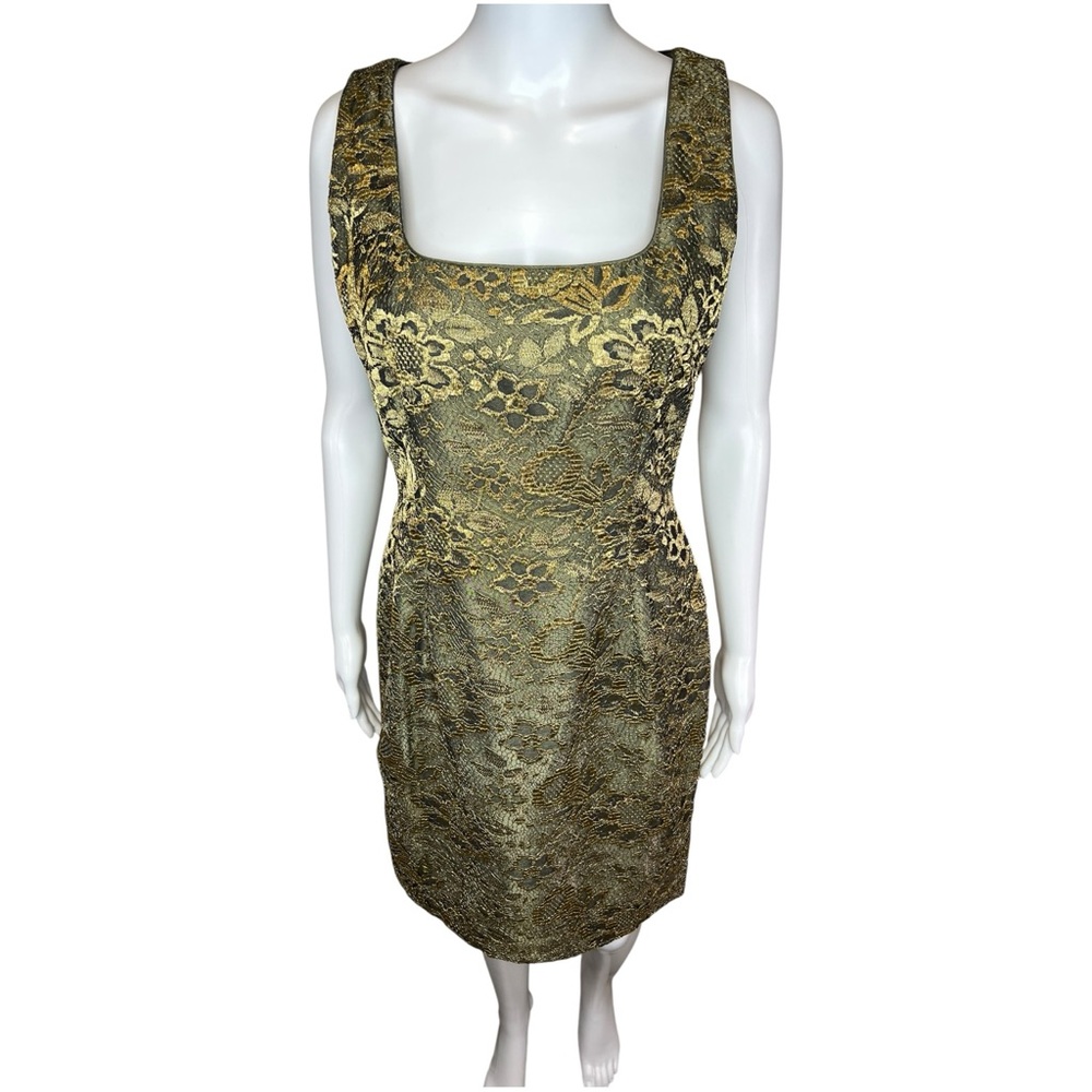 Escada Margaretha Ley Metallic Gold Lace Sheath Dress 36‎